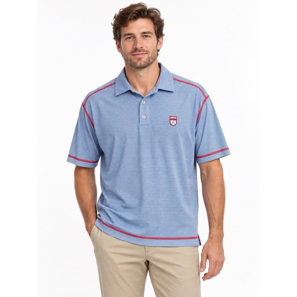 FootJoy Golf Polo Shirt Mens Large Blue White Striped Stretch Red Stitch